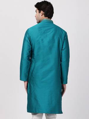 Green Plain Cotton Silk Men-Kurtas 4