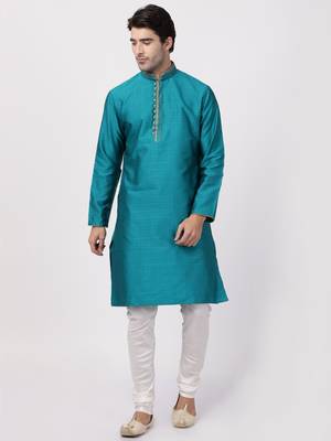Green Plain Cotton Silk Men-Kurtas 5