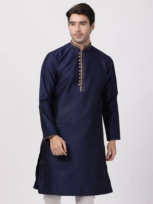 Blue Plain Cotton Silk Men Kurtas 1
