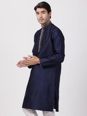 Blue Plain Cotton Silk Men Kurtas 2