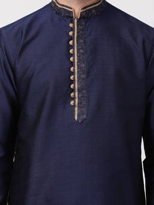 Blue Plain Cotton Silk Men Kurtas 3