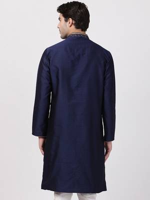 Blue Plain Cotton Silk Men Kurtas 4