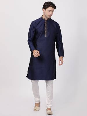 Blue Plain Cotton Silk Men Kurtas 5
