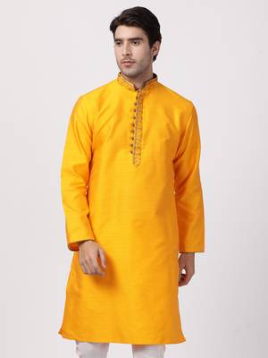 Orange Plain Cotton Silk Men Kurtas 1