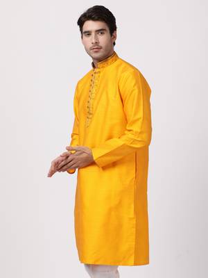 Orange Plain Cotton Silk Men Kurtas 2