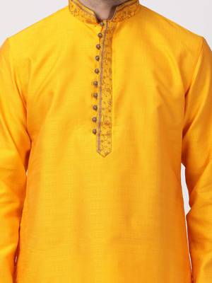 Orange Plain Cotton Silk Men Kurtas 3