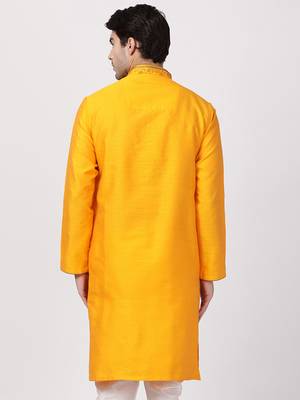 Orange Plain Cotton Silk Men Kurtas 4