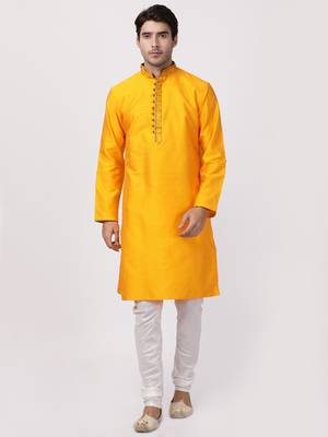 Orange Plain Cotton Silk Men Kurtas 5