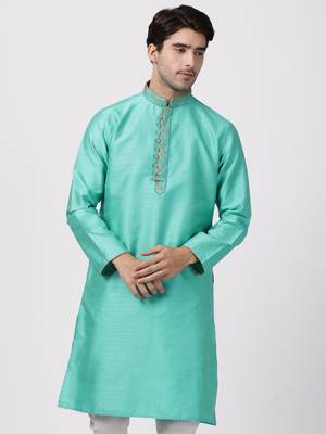 Green Plain Cotton Silk Men Kurtas 1