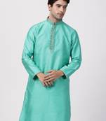 Green Plain Cotton Silk Men Kurtas