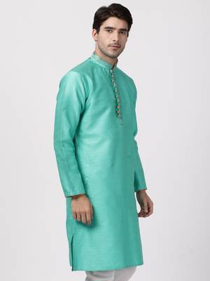 Green Plain Cotton Silk Men Kurtas 2