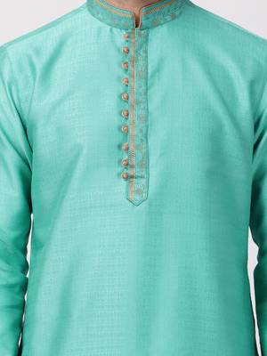 Green Plain Cotton Silk Men Kurtas 3