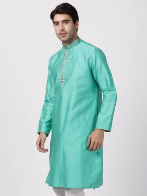 Green Plain Cotton Silk Men Kurtas 4