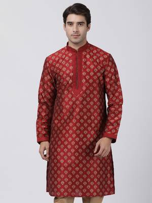 Maroon Plain Cotton Silk Men-Kurtas 1