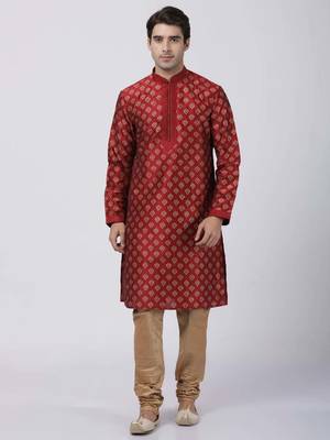 Maroon Plain Cotton Silk Men-Kurtas 4