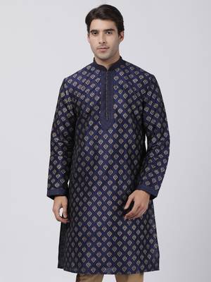 Blue Plain Cotton Silk Men Kurtas 1