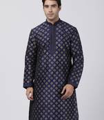Blue Plain Cotton Silk Men Kurtas