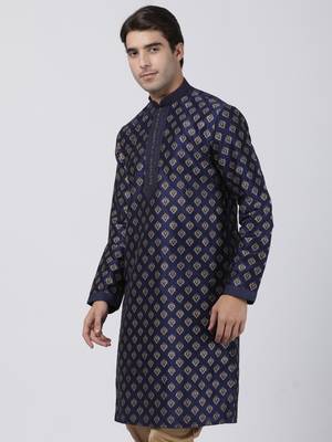 Blue Plain Cotton Silk Men Kurtas 2