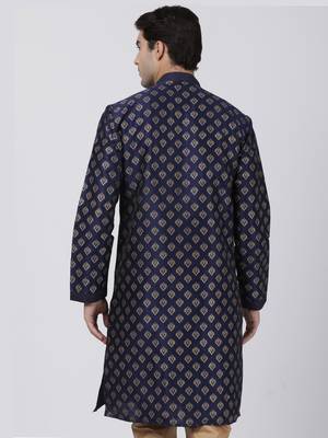 Blue Plain Cotton Silk Men Kurtas 4