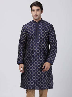 Blue Plain Cotton Silk Men Kurtas 5