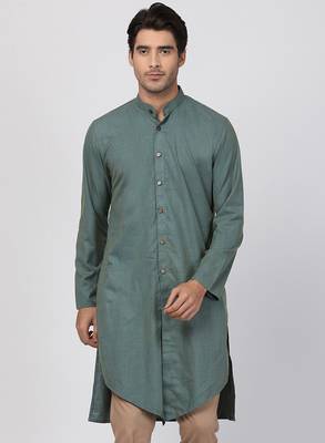 Green Plain Blended Cotton Men Kurtas 1