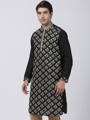 Black Plain Blended Cotton Men Kurtas 2