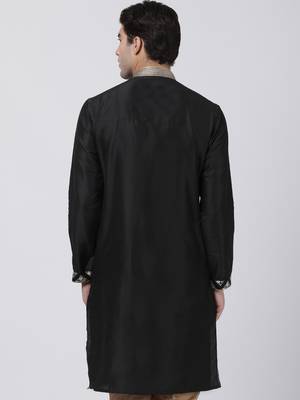 Black Plain Blended Cotton Men Kurtas 4