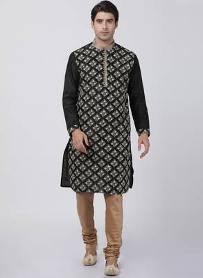 Black Plain Blended Cotton Men Kurtas 5