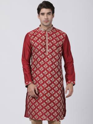 Red Plain Blended Cotton Men Kurtas 1