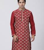Red Plain Blended Cotton Men Kurtas