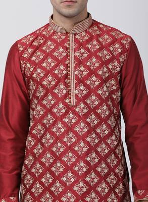 Red Plain Blended Cotton Men Kurtas 3