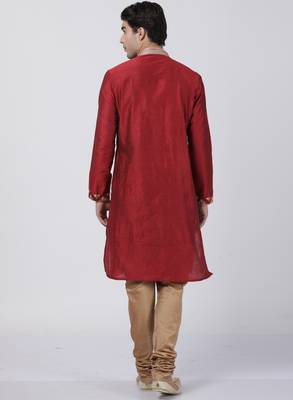 Red Plain Blended Cotton Men Kurtas 4
