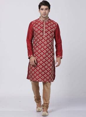 Red Plain Blended Cotton Men Kurtas 5