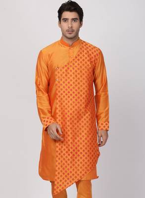 Orange Plain Blended Cotton Men Kurtas 1