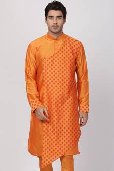 Orange Plain Blended Cotton Men Kurtas