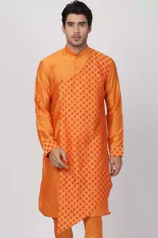 Orange Plain Blended Cotton Men Kurtas