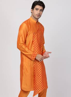 Orange Plain Blended Cotton Men Kurtas 2