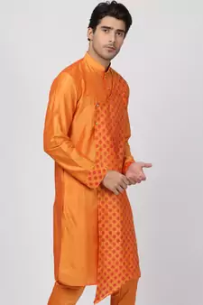 Orange Plain Blended Cotton Men Kurtas