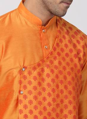 Orange Plain Blended Cotton Men Kurtas 3