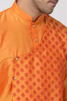 Orange Plain Blended Cotton Men Kurtas