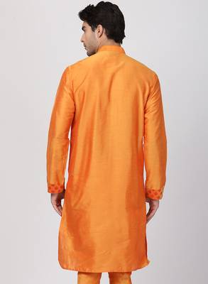 Orange Plain Blended Cotton Men Kurtas 4