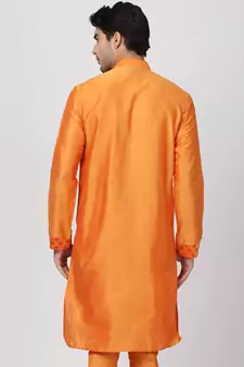 Orange Plain Blended Cotton Men Kurtas