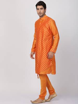 Orange Plain Blended Cotton Men Kurtas 5
