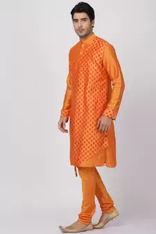 Orange Plain Blended Cotton Men Kurtas