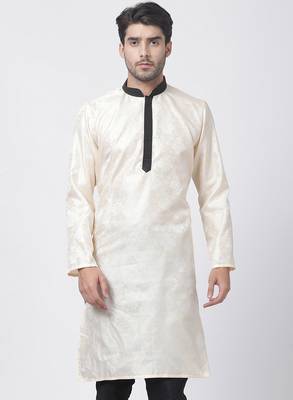 Gold Plain Blended Cotton Men Kurtas 1