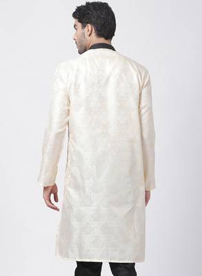 Gold Plain Blended Cotton Men Kurtas 4
