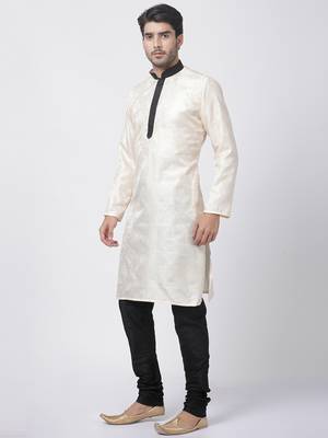 Gold Plain Blended Cotton Men Kurtas 5