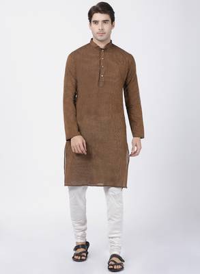 Brown Plain Cotton Men Kurtas 5