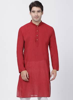 Red Plain Cotton Men Kurtas 1
