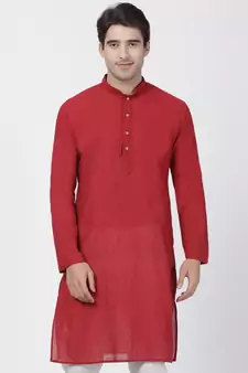 Red Plain Cotton Men Kurtas
